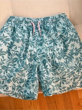 Crewcuts Teal Floral Swim Trunks with Pink Drawstring